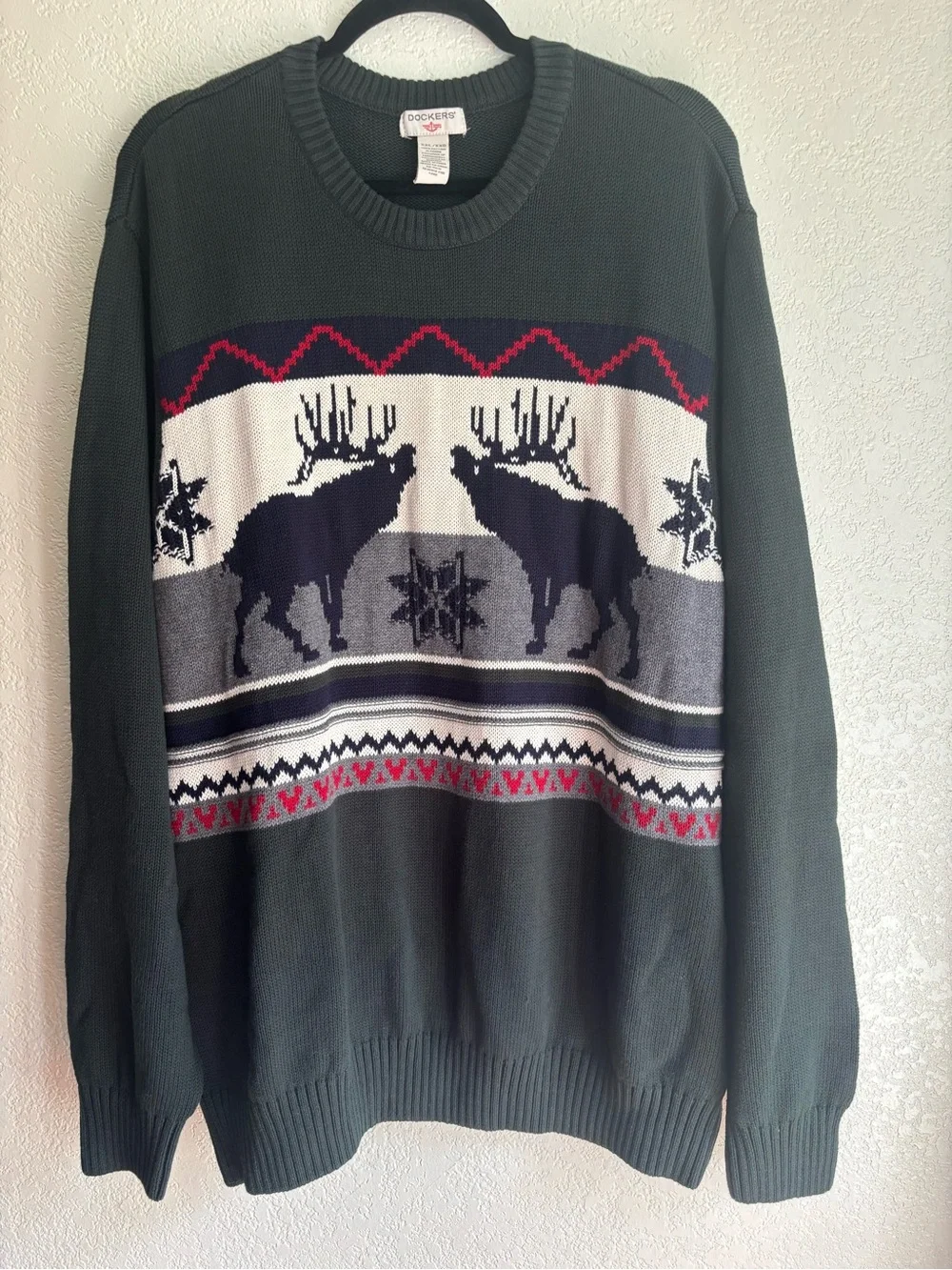 Dockers Holiday Christmas Sweater Fair Isle XXL Green 100% Cotton Deer Elk Moose